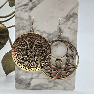 "5/$25" Mismatched Gold/ Red Madala Circle Disc Dangle Earrings